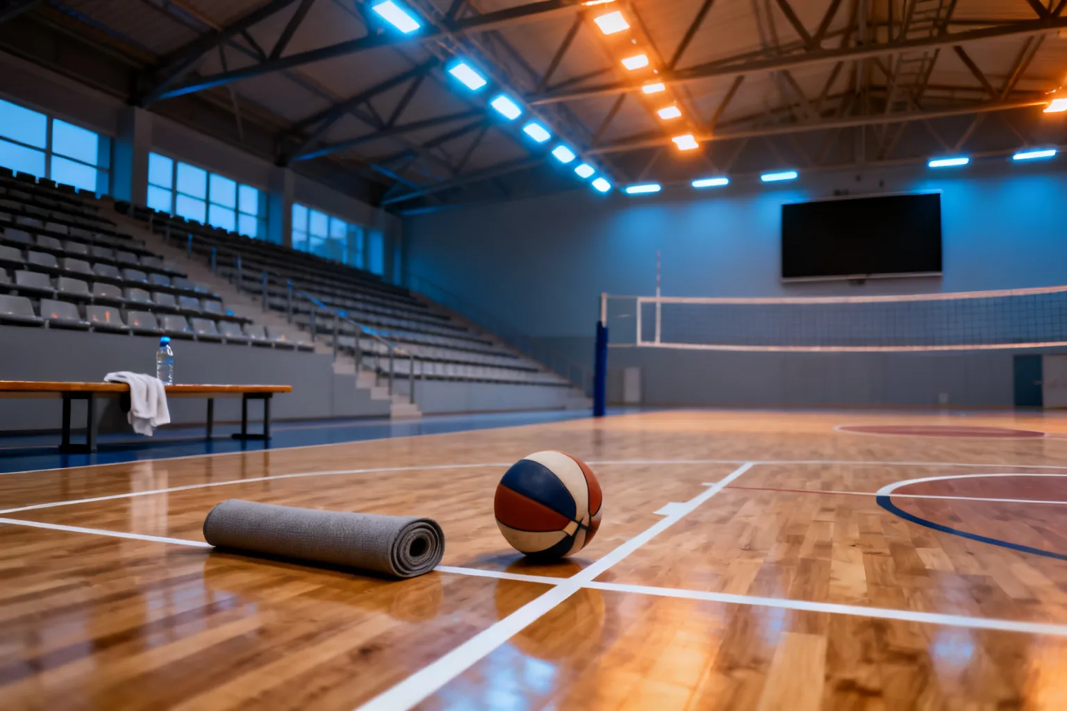 Wnętrze nowoczesnej hali sportowej w Poznaniu: czysta wielofunkcyjna nawierzchnia, piłka przy linii i puste trybuny, gotowe do trenowania.