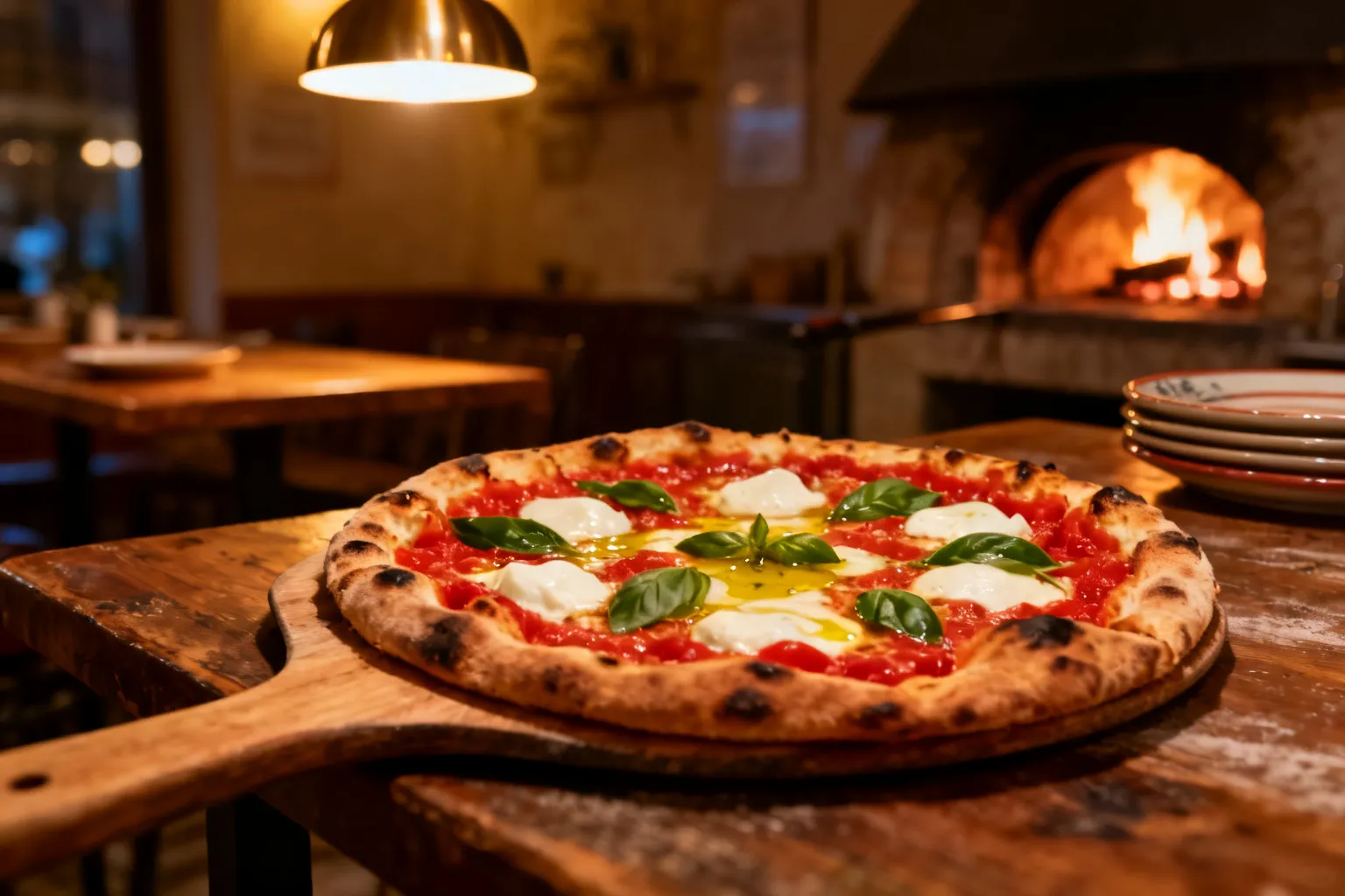 Neapolitańska pizza z przypieczonym brzegiem, mozzarellą, sosem i bazylią na drewnianej łopacie w przytulnej pizzerii.