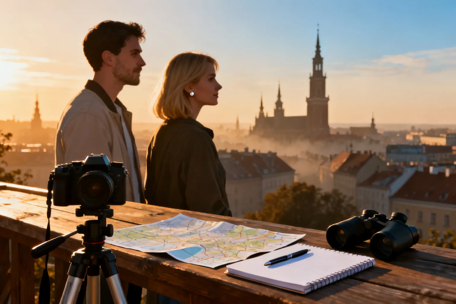 Widok z drewnianej platformy o zmierzchu: sprzęt fotograficzny i lornetka na pierwszym planie, w tle rozpoznawalna, artystycznie przekształcona panorama Poznani