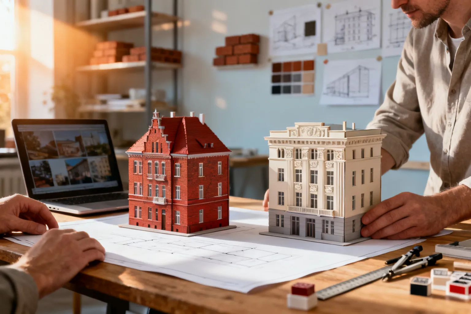 Porównanie modeli architektonicznych: pruski czerwony dom i poznański modernistyczny blok na stole z planami, przyrządami i laptopem.