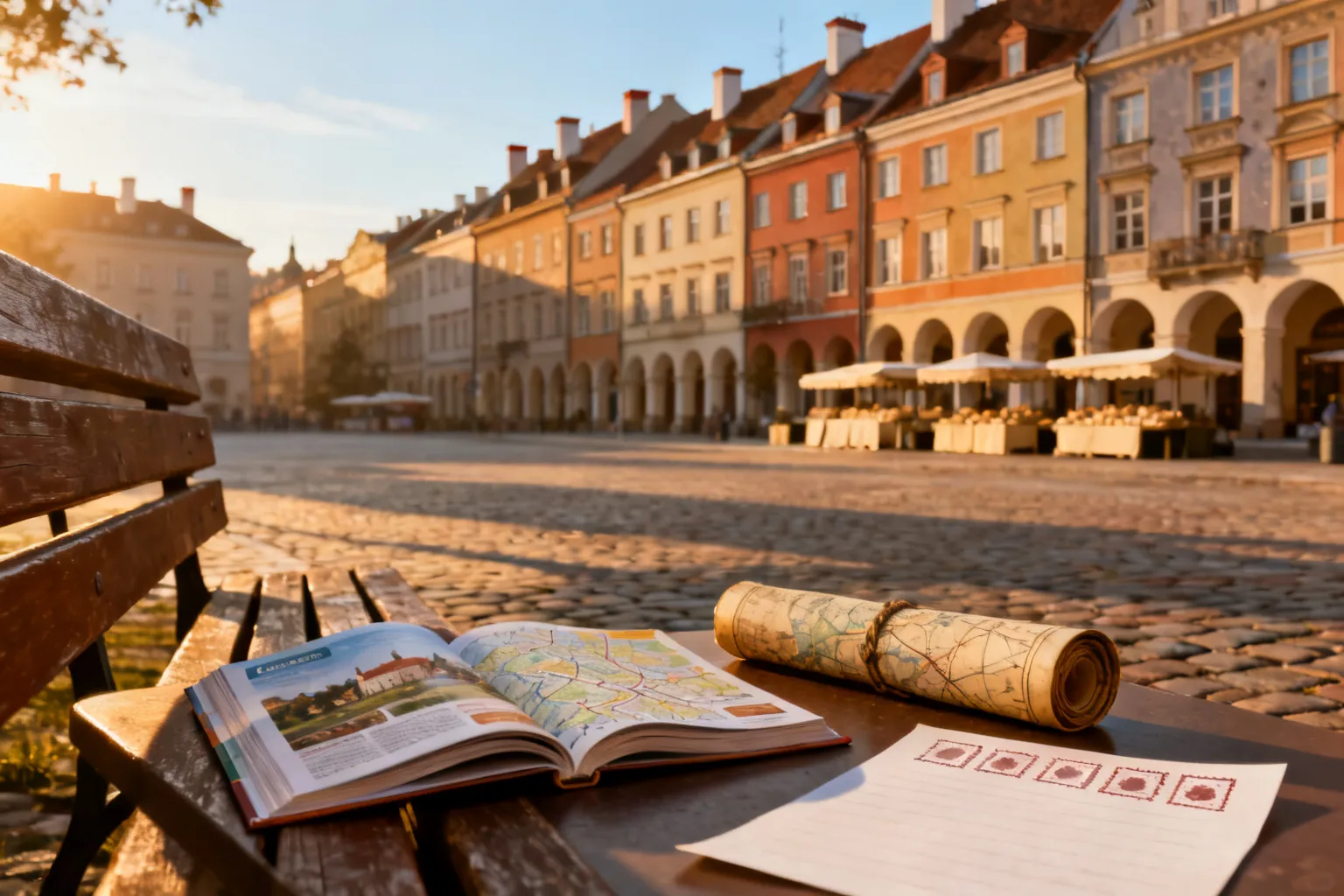 Ilustrowany poranny widok poznańskiego Starego Miasta: pusta brukowana kamienica z kolorowymi fasadami, przewodnik i mapa na ławce sugerujące spacer i historię.