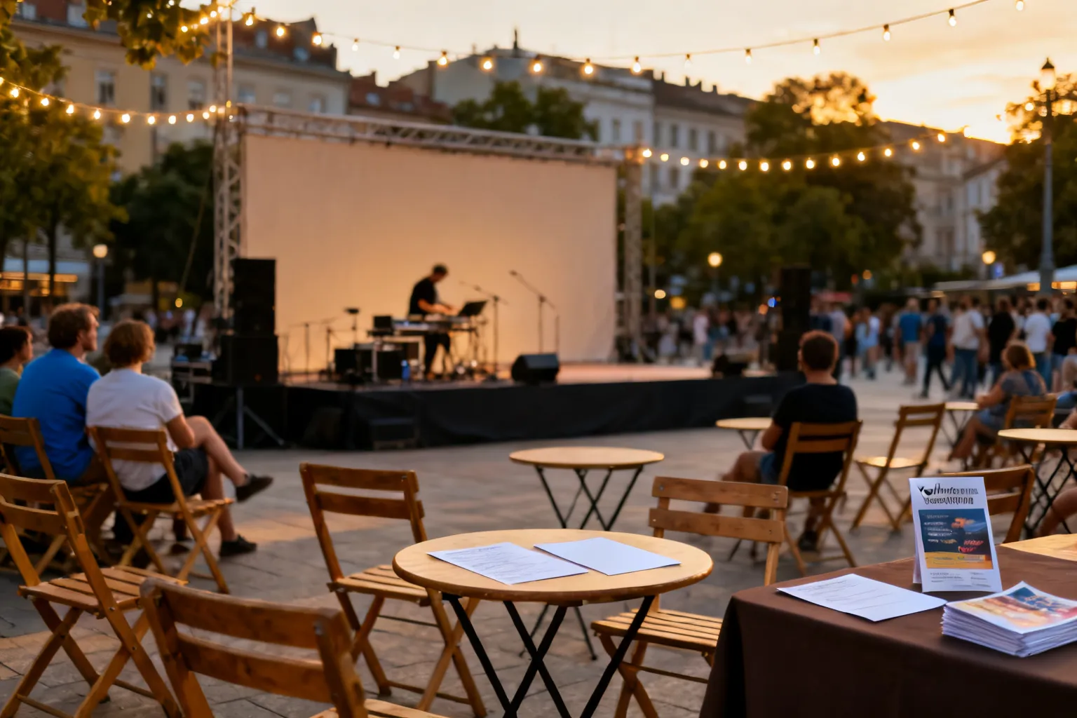 Letni plener kulturalny w Poznaniu: wieczorne przedstawienie na miejskim placu z krzesłami, stołami i oświetloną sceną.