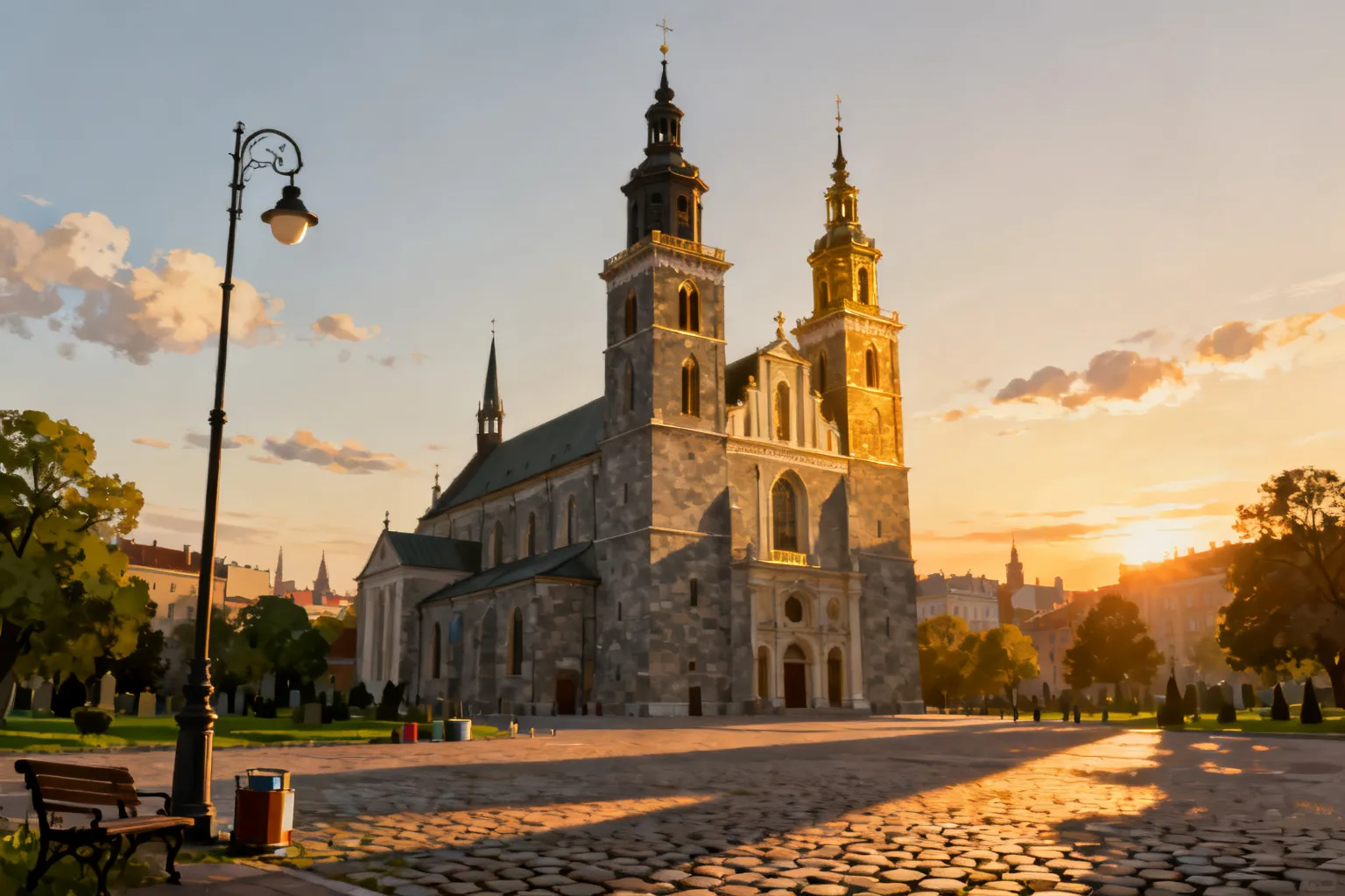 Katedra poznańska w złotej godzinie, monumentalna fasada i wieże nad brukowanym placem, ciepłe światło podkreśla historyczny charakter.
