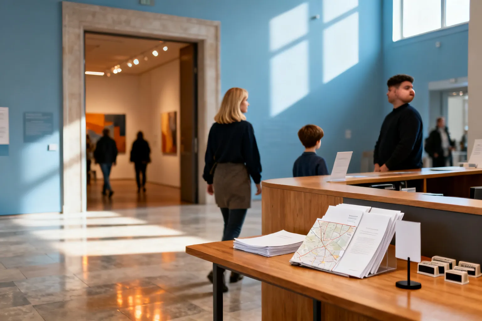 Pusty, jasny holl muzeum w Poznaniu z ladą informacyjną, mapą i kilkoma przechodzącymi zwiedzającymi — zaproszenie do darmowych wystaw.