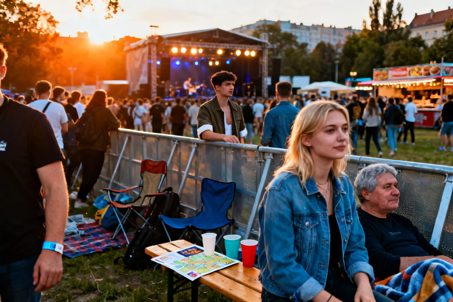 Ludzie różnego wieku relaksują się przy scenie na plenerowym festiwalu w poznańskim parku o złotej godzinie, widoczne stoiska i atmosfera koncertu