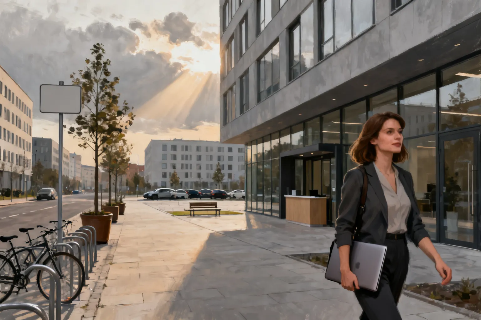 Nowoczesna elewacja biurowca w Poznaniu z chodnikiem, stojakiem na rowery i kobietą niosącą laptopa — scena sugeruje atrakcyjną lokalizację biurową.