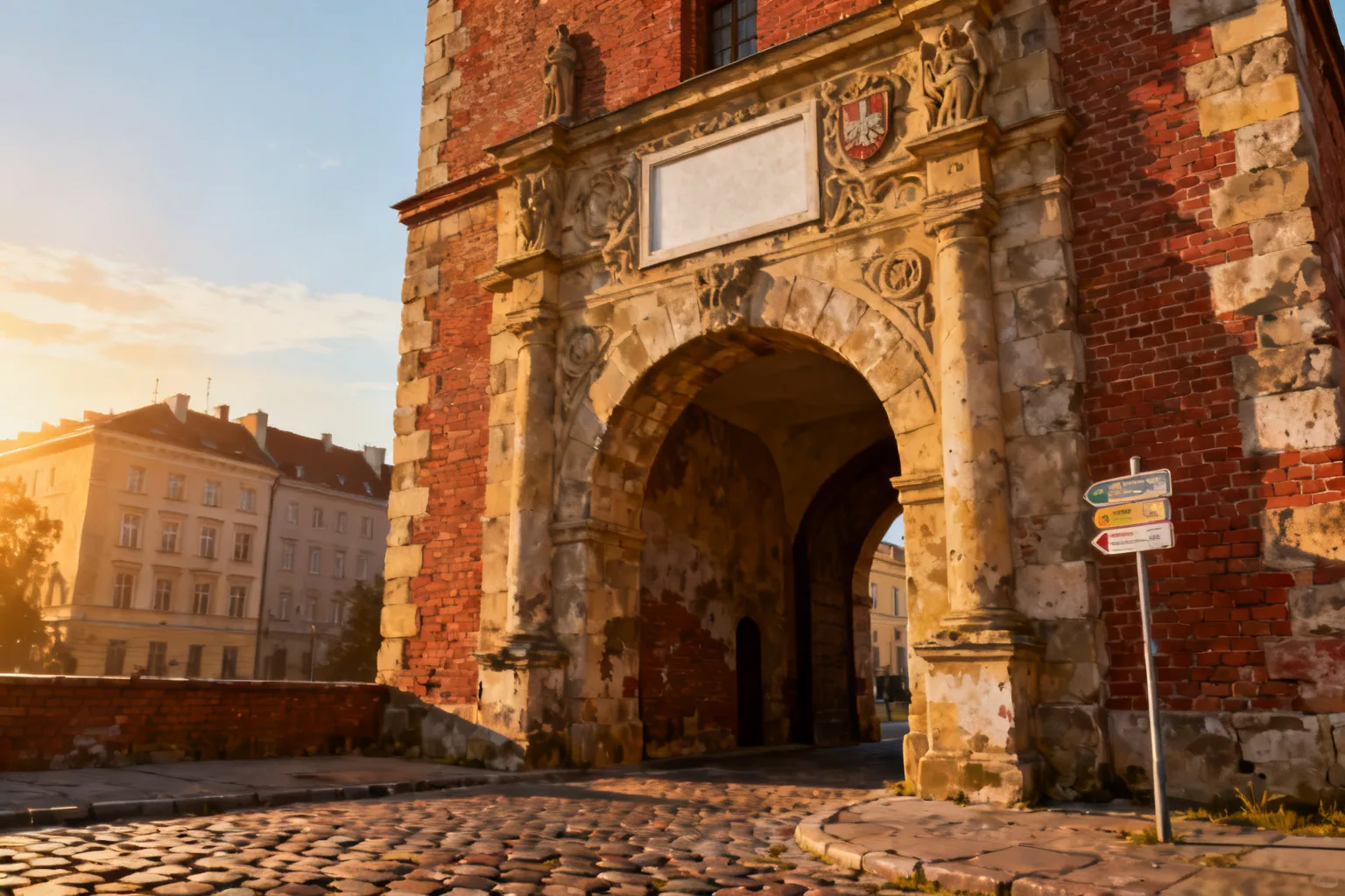 Historyczna murowana brama miejska Poznania oświetlona złotymi promieniami, z widocznym łukiem, detalami rzeźbień i brukowanym wejściem.