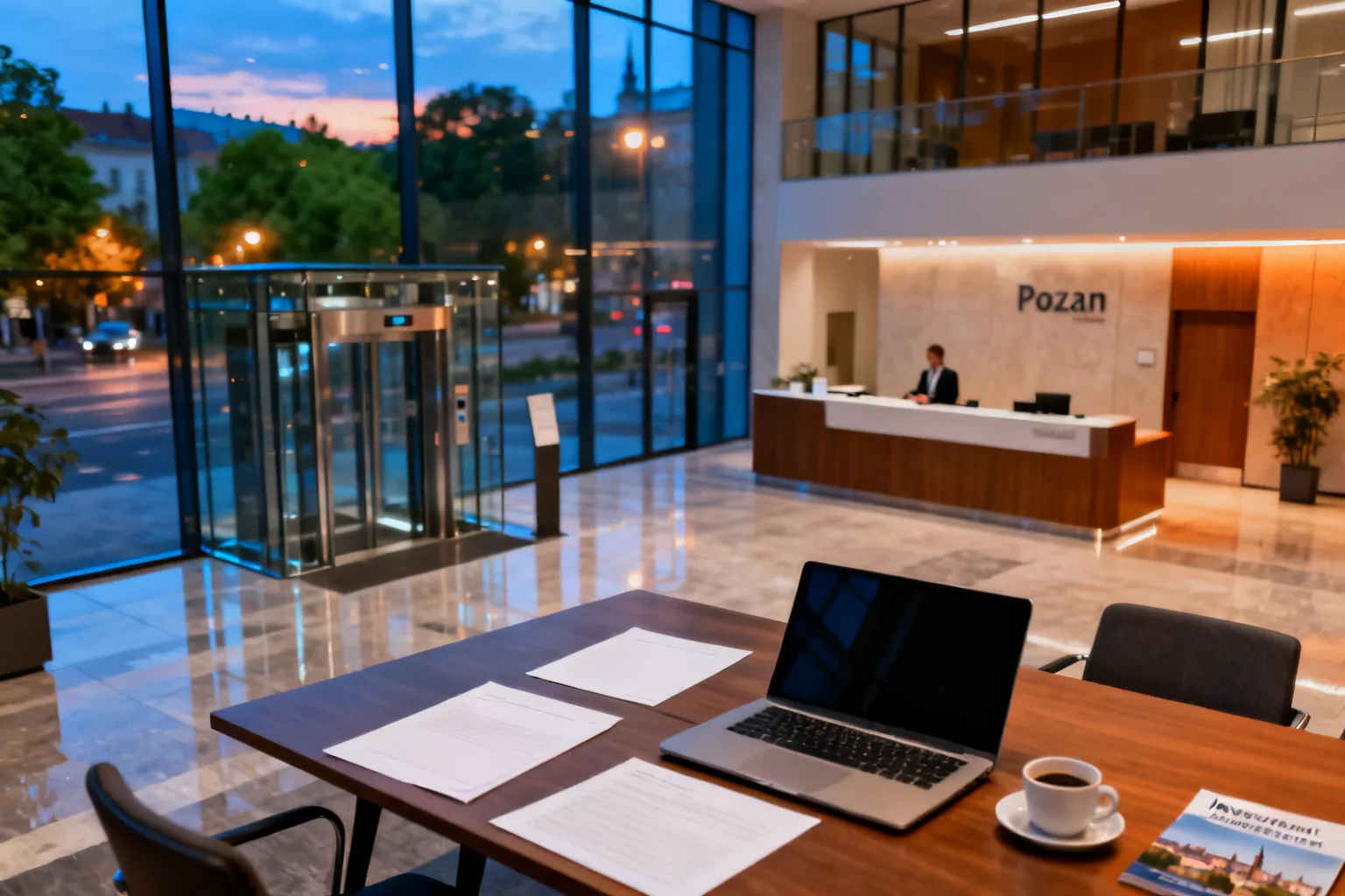 Eleganckie lobby biurowca w Poznaniu z recepcją, stolikiem spotkań i materiały inwestycyjne, sugerujące korporacyjne inwestycje.