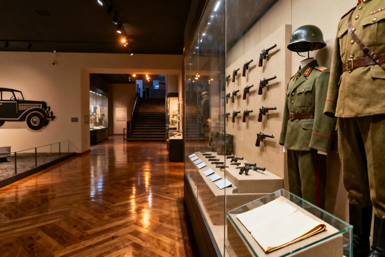 Wnętrze poznańskiego muzeum wojskowego: gabloty z mundurami, hełmami i bronią, szeroka aleja i schody do kolejnej sali.