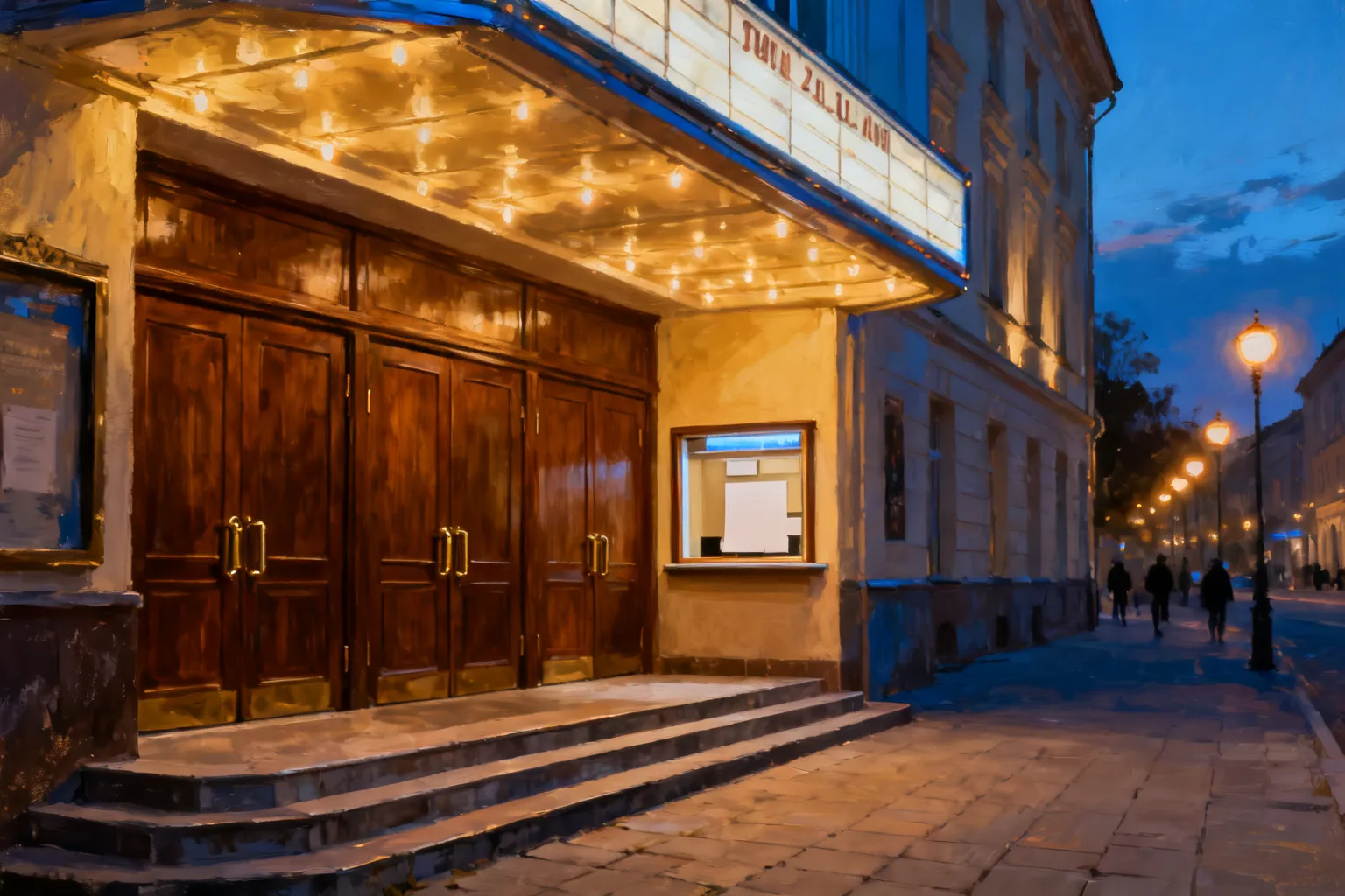 Wejście klasycznego teatru o zamkniętych drewnianych drzwiach i biletowym okienku, wieczorna, ciepła scena miejskiej ulicy w Poznaniu.