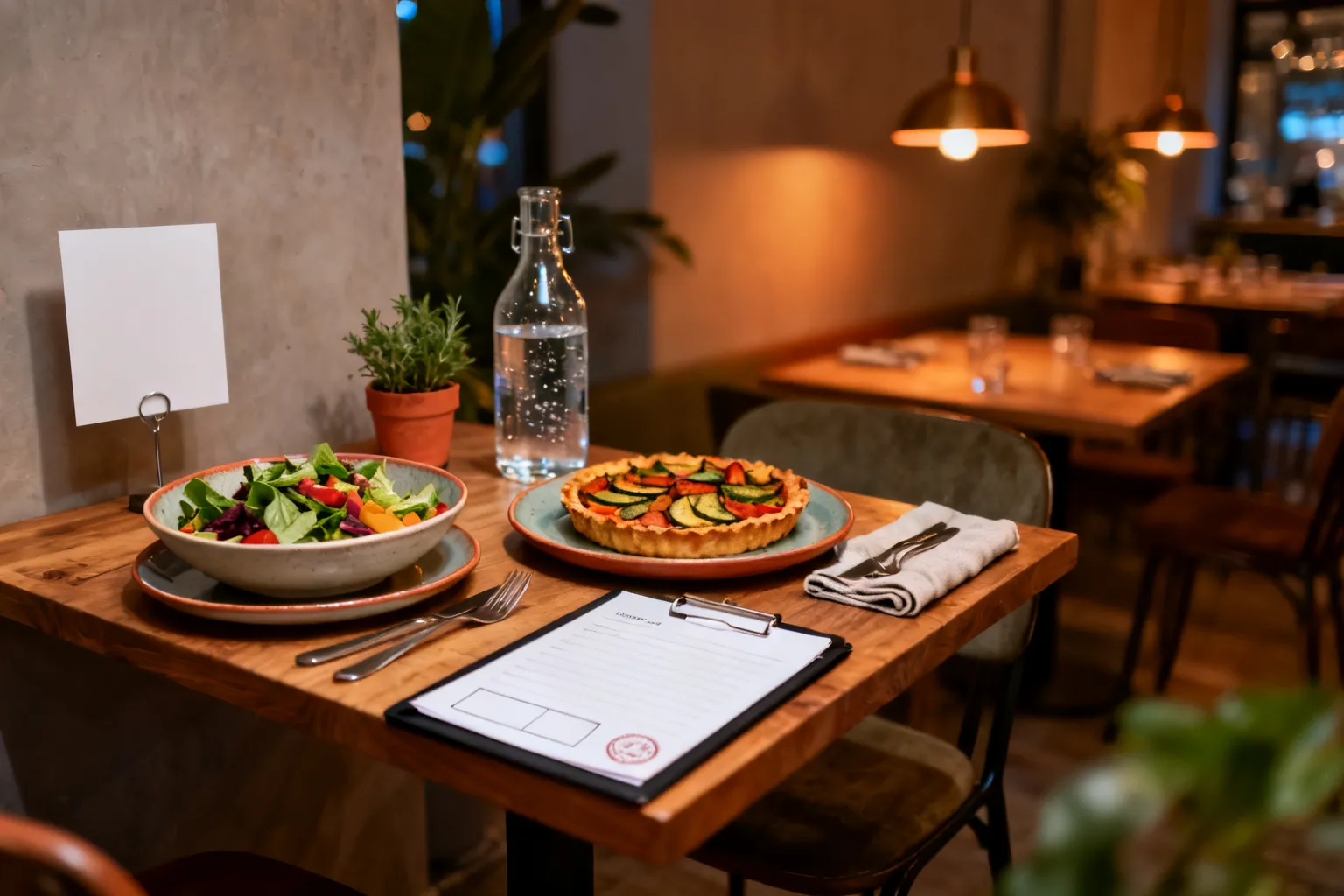 Przytulny stolik dla dwojga w poznańskiej wege-restauracji z kolorowymi roślinnymi daniami, karafką wody, blankietem-menu i doniczką z ziołem.