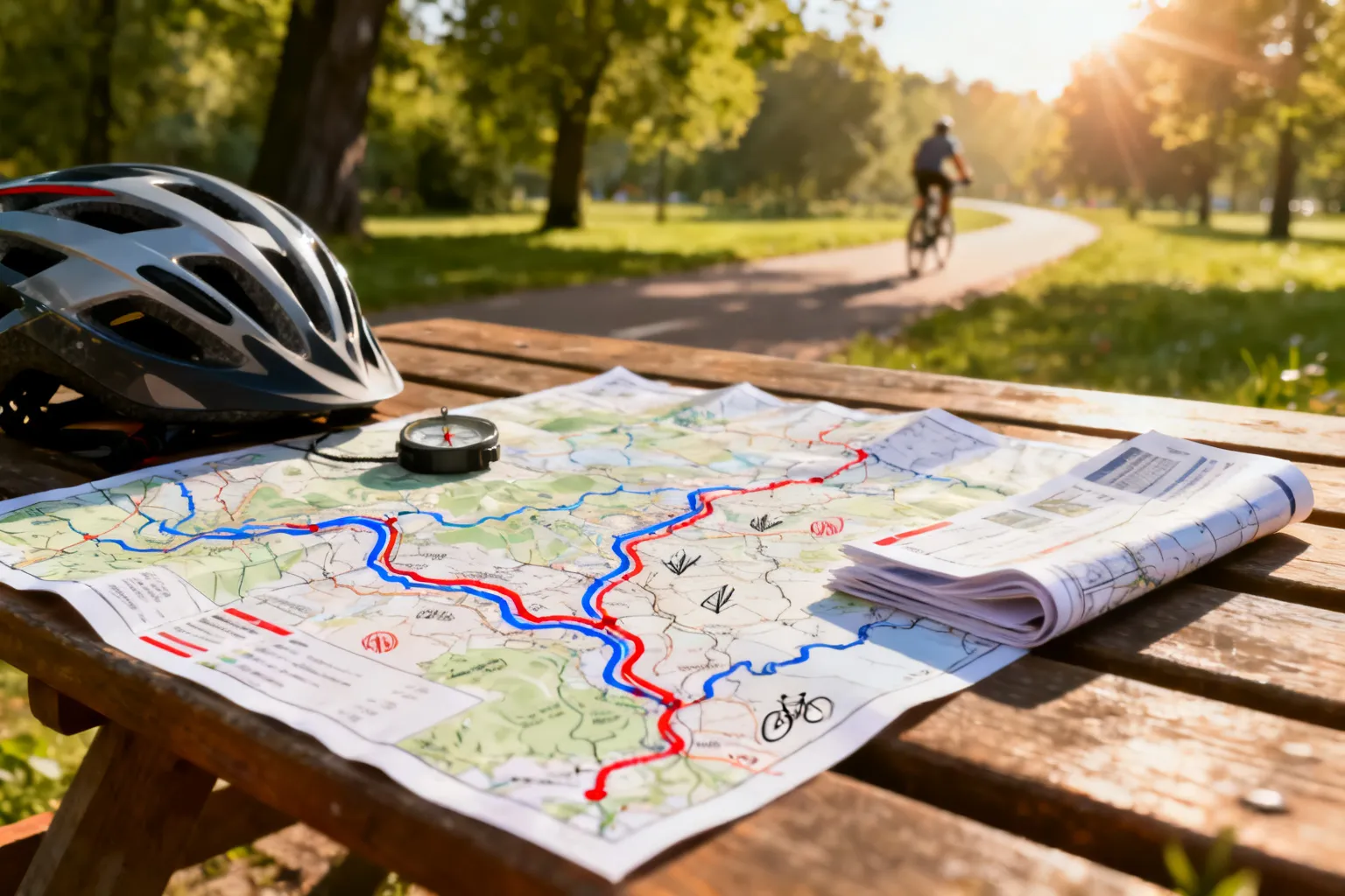 Mapa tras rowerowych Poznania na stole piknikowym: zbliżenie na rozłożoną mapę z kolorowymi szlakami, kompas i kask, w tle ścieżka rowerowa w parku.