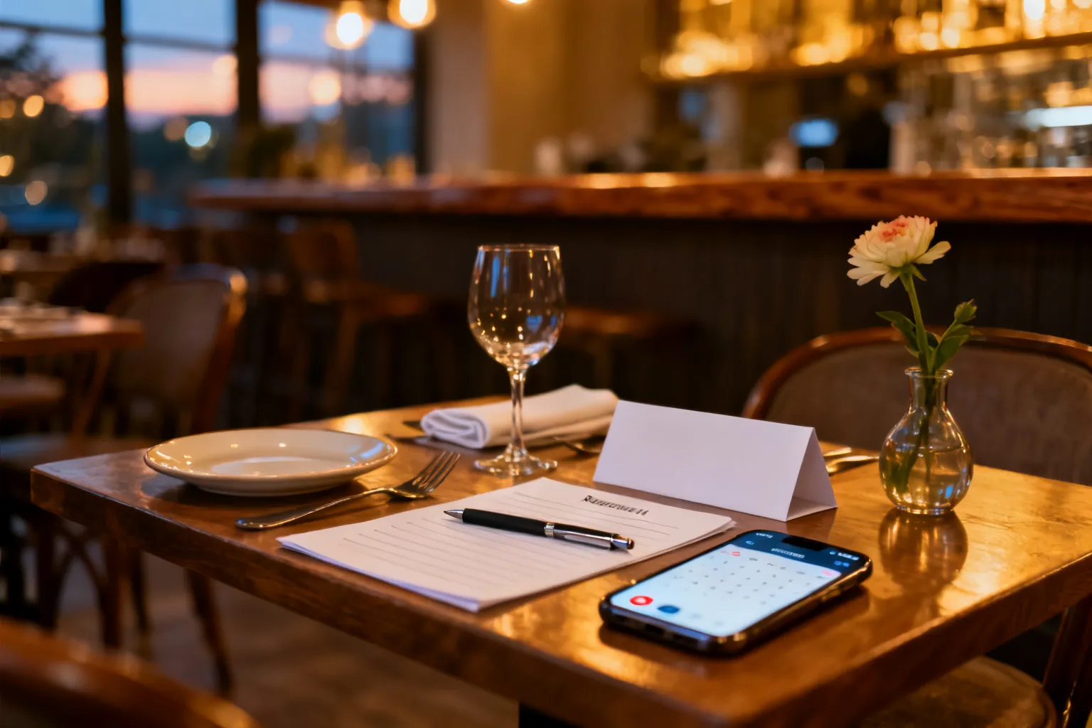 Nastrojowo oświetlony stolik dla dwóch w poznańskim bistro: nakrycia, pusta karta rezerwacji z długopisem i telefon z kalendarzem.