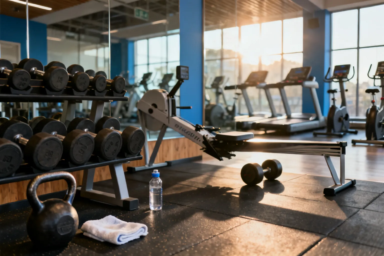 Zbliżenie schludnych ciężarów, kettlebell i ławki w nowoczesnej, pustej siłowni gotowej do porannego treningu.