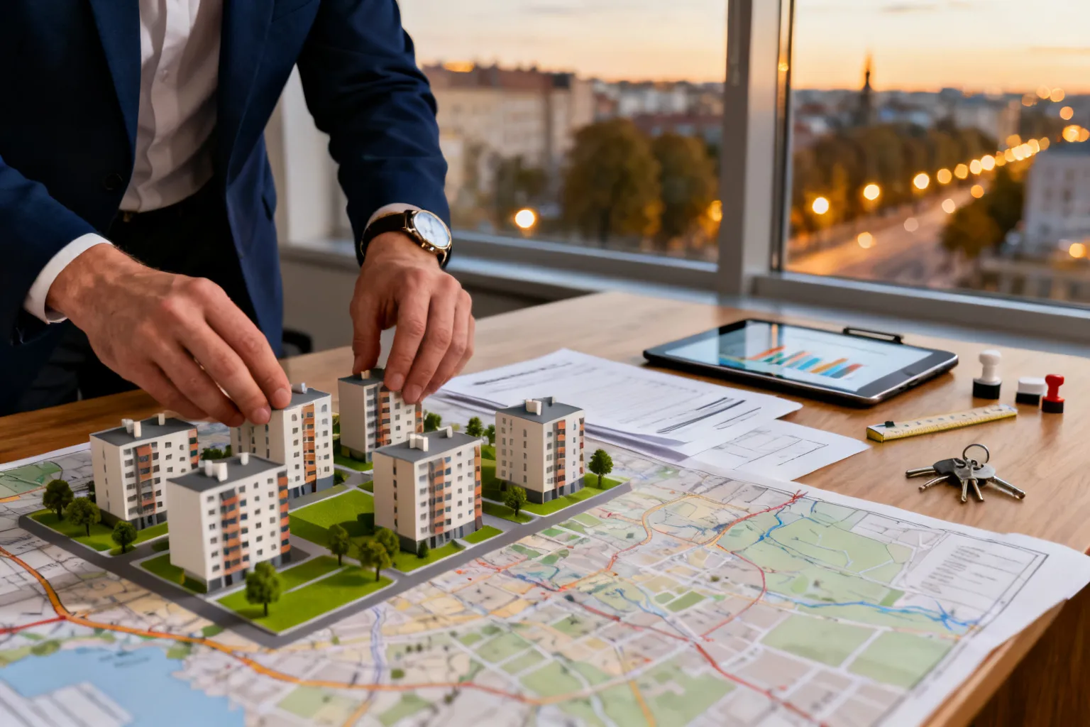 Stół z planem inwestycyjnym Poznania i modelami bloków oraz zieleni, klucze i tablet sugerujące analizę lokalnych inwestycji.