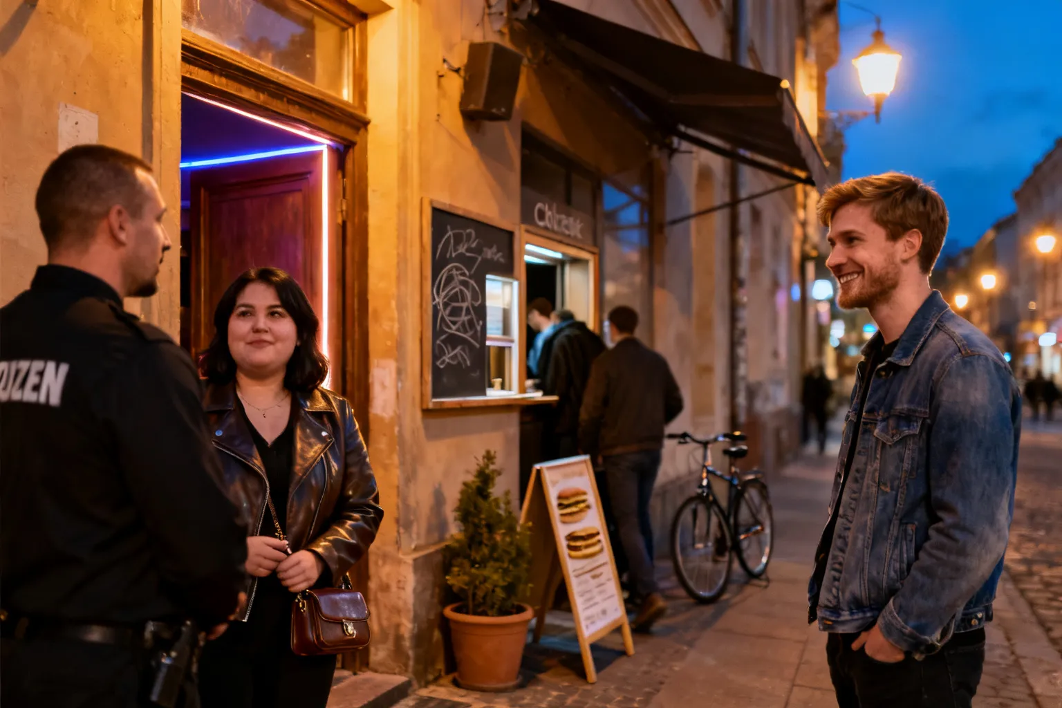 Wejście do poznańskiego klubu nocą, bouncer rozmawia z kobietą w skórzanej kurtce, w kolejce uśmiechnięty mężczyzna.