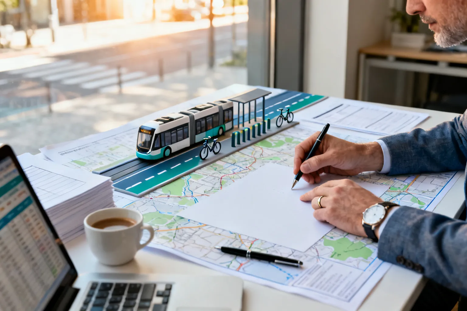 Stół planistyczny z makietami przystanku tramwajowego, e‑autobusu i stacji rowerów oraz dłoń wskazująca na pustą mapę projektu mobilności.