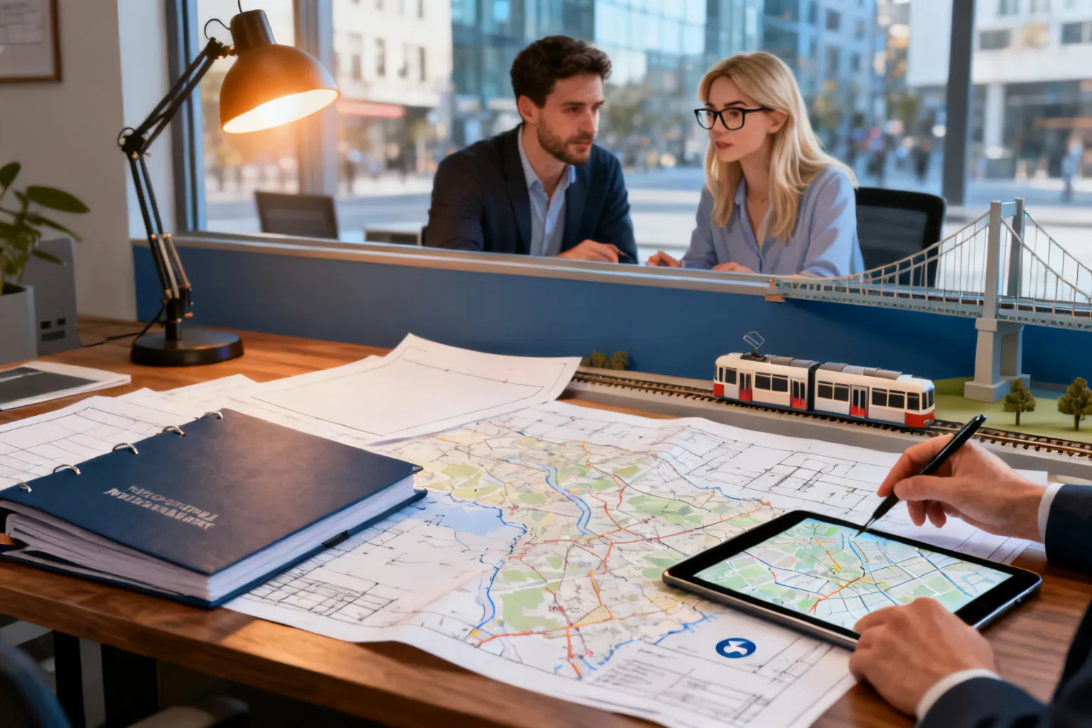 Dwie osoby przy stole przeglądają plany komunikacyjne Poznania: modele tramwaju i mostu, tablet ze schematem i rzuty map.