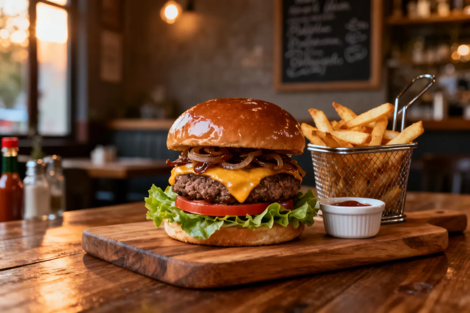 Soczysty gourmet burger z roztopionym serem, sałatą i karmelizowaną cebulą na brioche, podany z ręcznie krojonymi frytkami.
