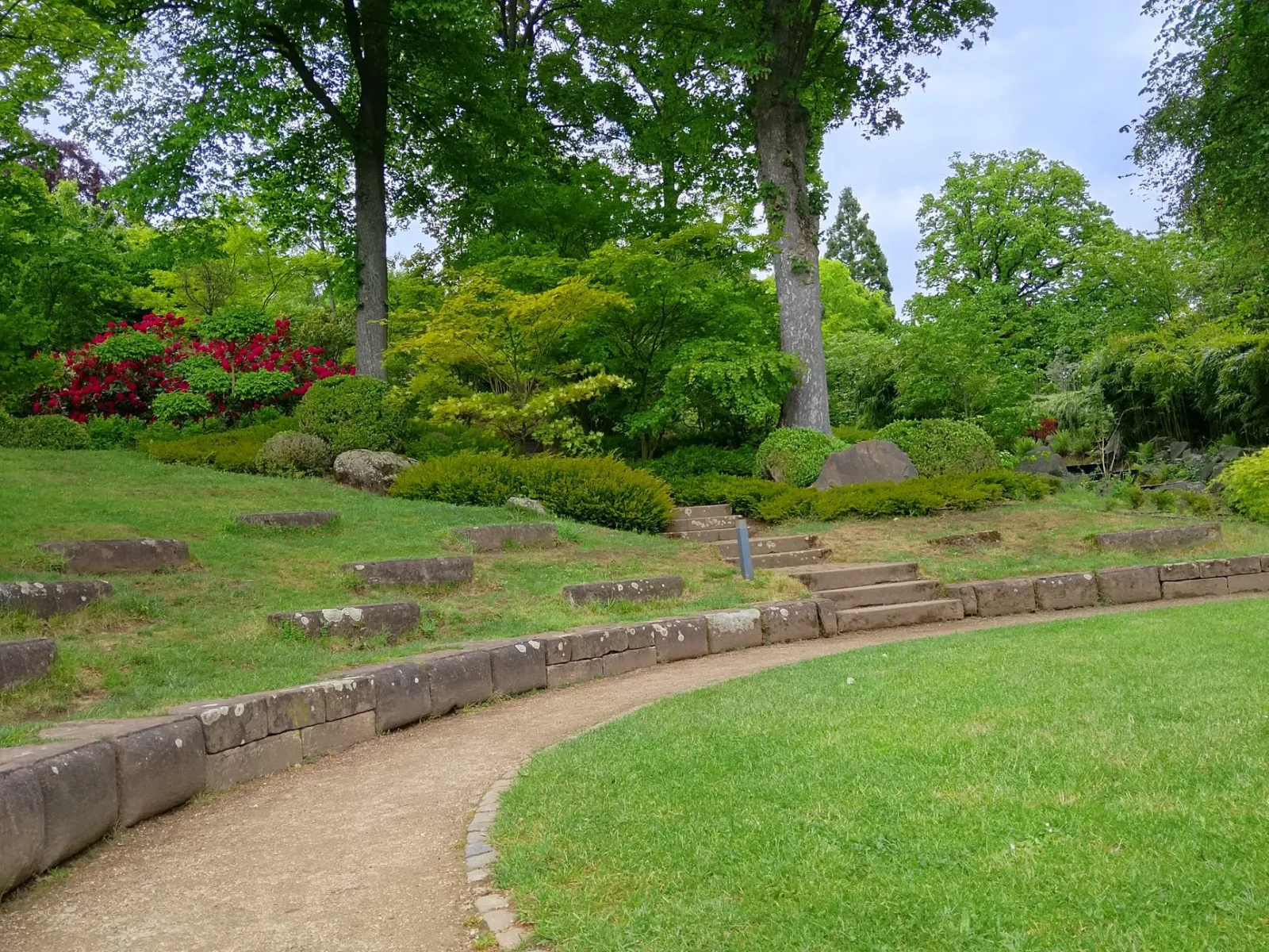 Scenic view of a vibrant green park featuring a stone pathway and lush trees in summer.