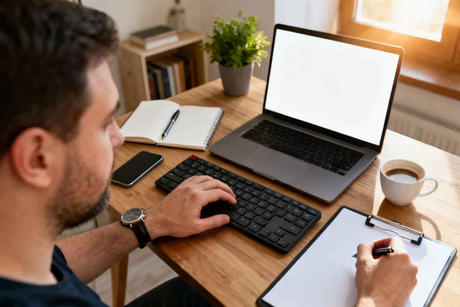 Ręce mężczyzny przy laptopie i formularzu na biurku w przytulnym, poznańskim coworkingu — poranna kawa, notes i smartfon.