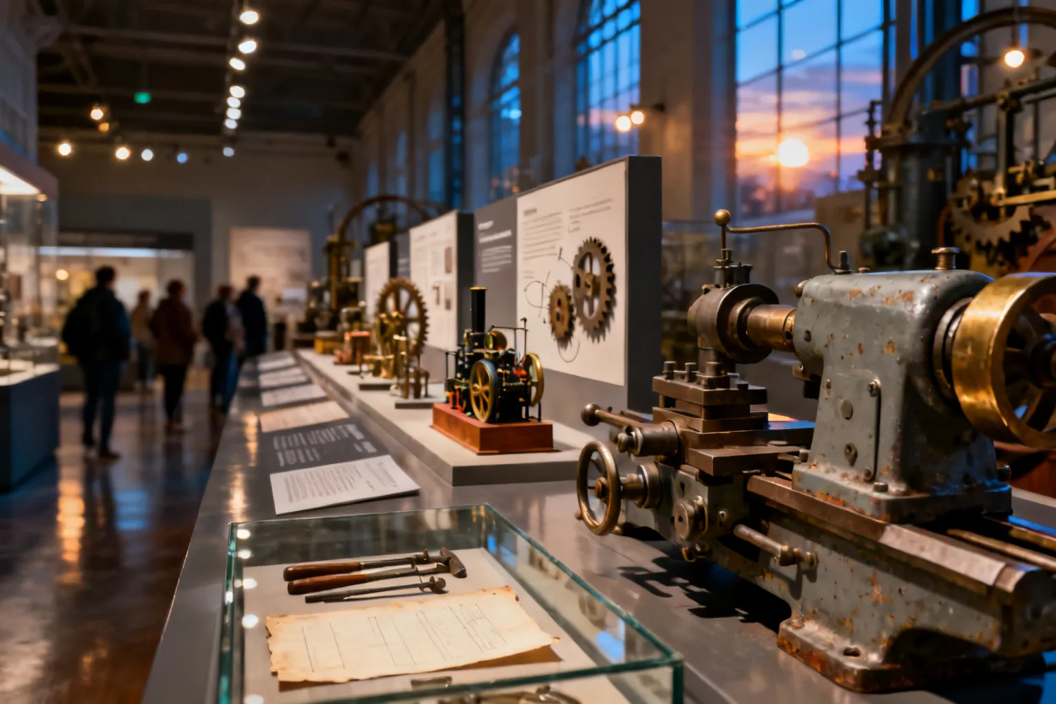 Wnętrze muzeum techniki z zabytkowymi maszynami i modelem parowca, interaktywne eksponaty i zwiedzający w tle.